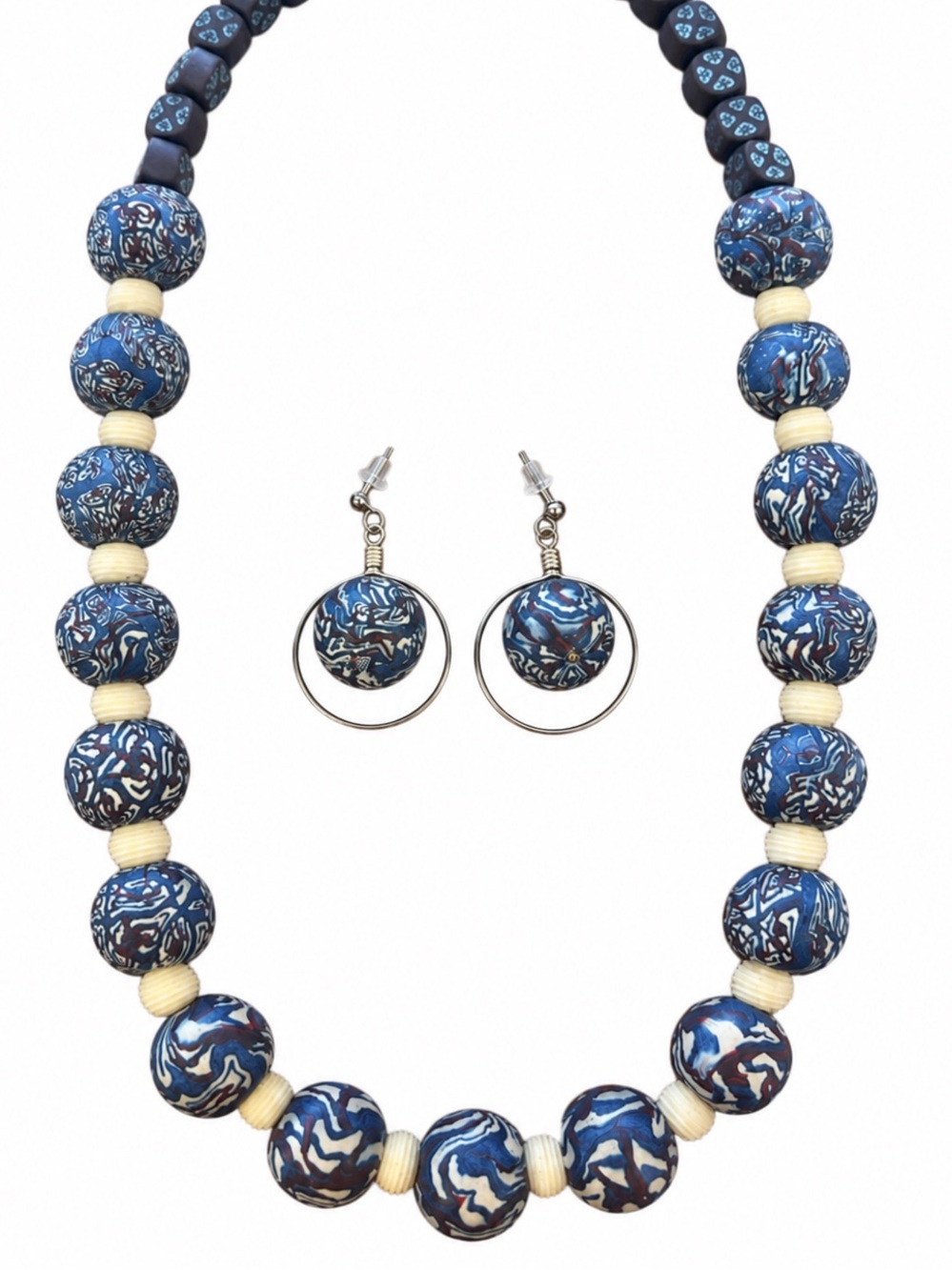 Vintage 90s Fimo Polymer Clay Blue Cream Necklace Earrings Set 24” Y2K